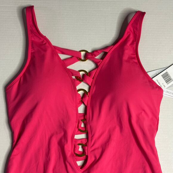 NWT Sz 14 Bleu Rod Beattie Pink One Piece Swimsuit Lace-Up Over Shoulder Resort - Picture 4 of 10